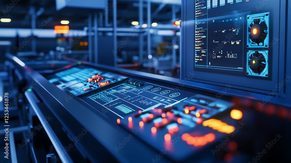 Poster futuristic control panel with illuminated buttons and screen in industrial setting
