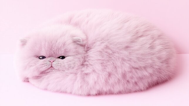 Fluffy pink cat curled up on a pink background.