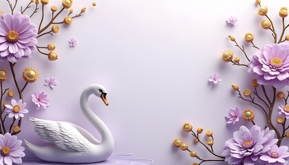 A white swan with vibrant purple-colored flowers and delicate gold-accented branches against a textured, light backdrop.