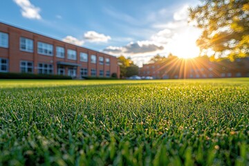 Lush green grass field at sunset near school building
