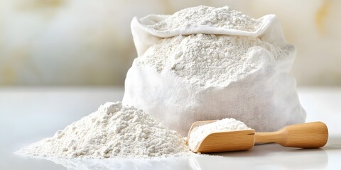 White Flour in Cloth Sack and Wooden Scoop Baking Ingredient
