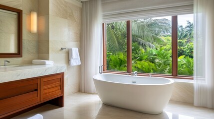 Fototapeta premium Elegant bathroom with a freestanding tub, large window showcasing lush greenery outside