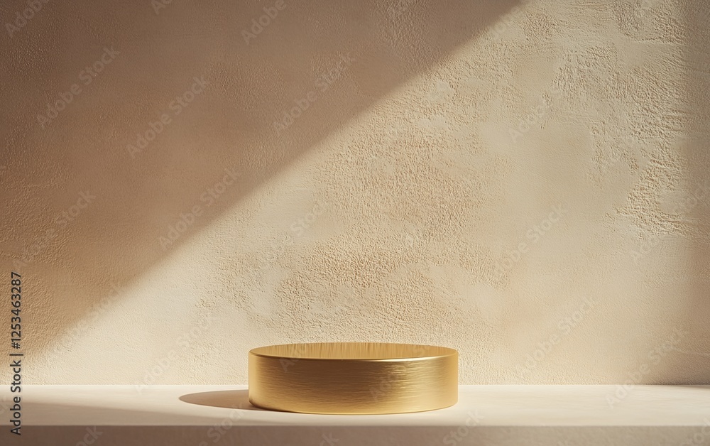 Poster flat golden decorative disc object with textured neutral background captured in minimalist style for