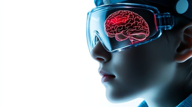 a scientist analyzing brain waves on holographic display, neuroscience experiment, cyberpunk aesthetic, isolated on white background