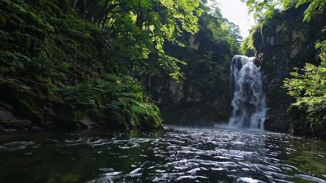 Animation natural waterfalls and rivers in the middle of green forests seamless video background