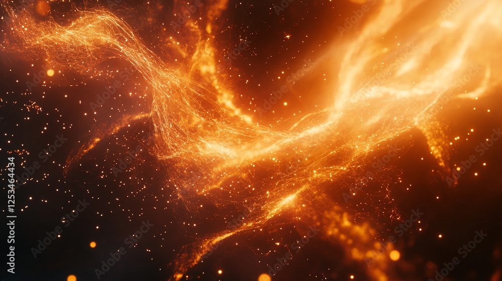 Poster abstract fiery strands and glowing particles against a dark backdrop visual effect