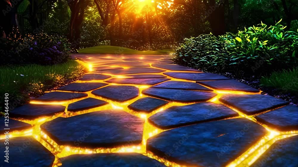 Poster a pathway made of stone blocks with glowing edges, surrounded by lush greenery and illuminated by a 