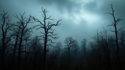 Obraz premium Mysterious and eerie dark forest with tall trees and foggy atmosphere, perfect for Halloween or horror themes, vertical, eerie, trees