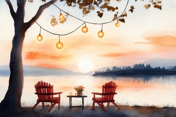 Fototapeta premium A dreamy watercolor illustration of a whimsical outdoor dining setup under twinkling fairy lights