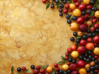 A vibrant array of juicy tropical fruit sprawls on the yellow background, Tropical freshness and color. Generative Ai