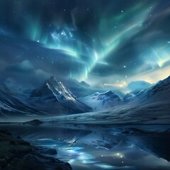 Northern lights reflecting in a calm lake, mountains at night, A modern world map with a background of the Northern Lights dancing over a snowy landscape, The northern lights creating a stunning.