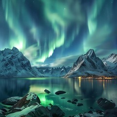 Northern lights reflecting in a calm lake, mountains at night, A modern world map with a background of the Northern Lights dancing over a snowy landscape, The northern lights creating a stunning.