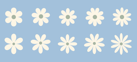 Vector flat style collection of colorful flowers. Floral pattern features whimsical daisies on soft blue background. Perfect for textiles, wallpapers, and cheerful designs.
