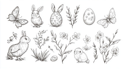 Fototapeta premium Collection of cute Easter doodle animals for kids’ cards and decorations