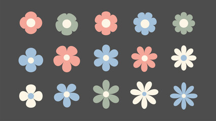 Vector flat style collection of colorful flowers on dark background, ideal for spring themed projects, invitations, or home decor