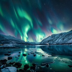 Northern lights reflecting in a calm lake, mountains at night, A modern world map with a background of the Northern Lights dancing over a snowy landscape, The northern lights creating a stunning.