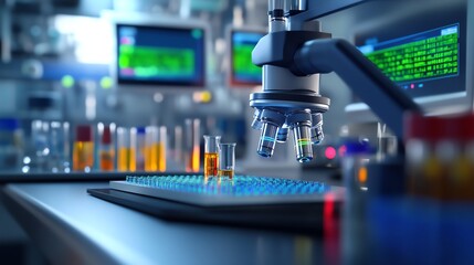 Fototapeta premium AIenhanced laboratory, microscope analyzing DNA sequences, 3D illustration