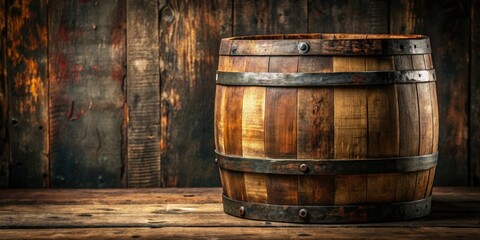 Fototapeta premium Old oak wine barrel with a weathered wooden surface and rusty metal bands, vintage, vineyard, fermentation
