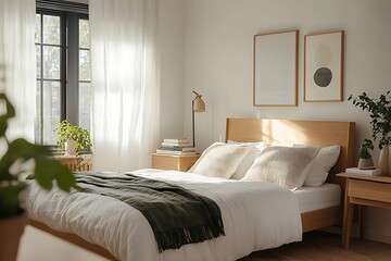there is a bed with a white comforter and a green blanket