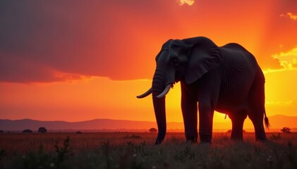 Fototapeta premium Giant elephant silhouetted against a glowing sunset, powerful presence , landscape, evening