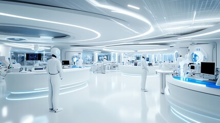 Conceptual AIpowered research facility with humanoid robots collaborating with human scientists on a futuristic medical project