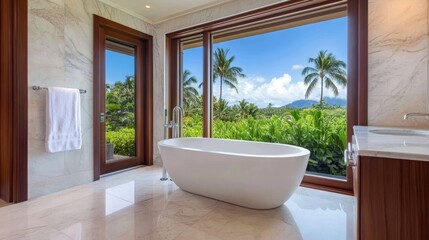Fototapeta premium Luxurious bathroom with a freestanding tub overlooking a tropical landscape and clear blue skies