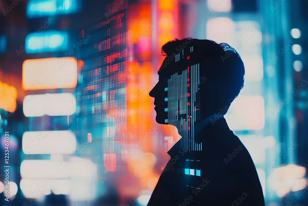 Poster abstract silhouette with digital background in urban environment