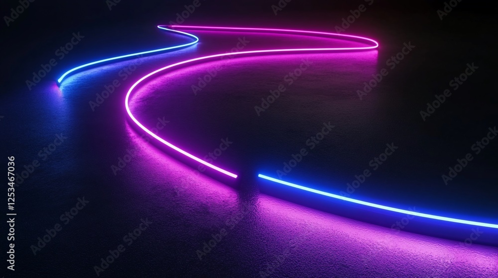 Poster abstract neon light path on dark surface, winding neon lines, 3d rendering