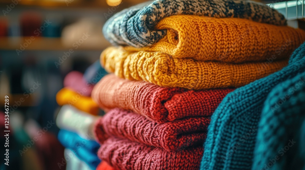 Poster neatly arranged pile of colorful sweaters in various patterns and textures on display