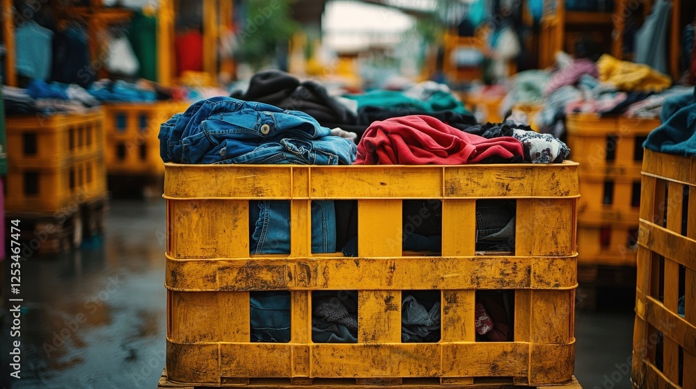 Poster crate filled with colorful old clothes arranged neatly in a vibrant display of textiles