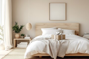 there is a bed with a gift on it in a bedroom