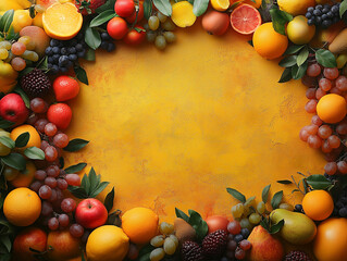 A vibrant array of juicy tropical fruit sprawls on the yellow background, Tropical freshness and color. Generative Ai