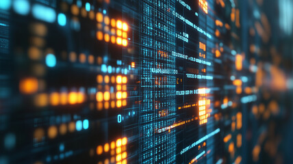 Obraz premium vibrant digital data stream with glowing binary code and bright orange accents, representing technology and information flow