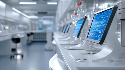 DNA sequencing in a hightech pharmaceutical research center, 3D illustration