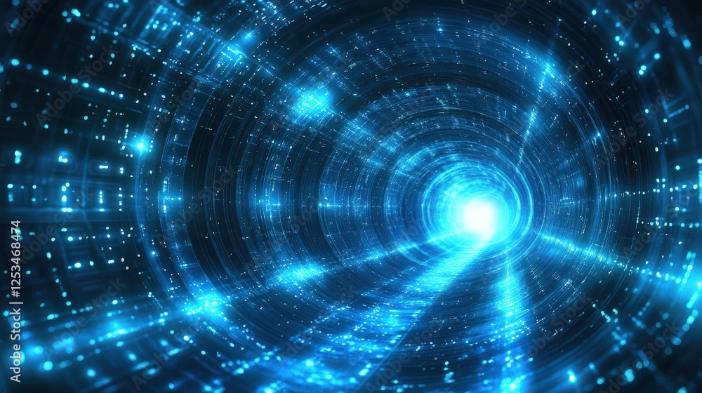 Poster abstract blue tunnel with glowing lights and hexagonal patterns in futuristic design