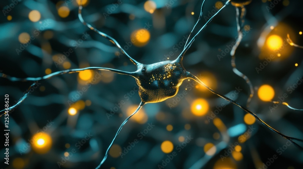 Poster glowing neural connections form a complex network, with vibrant nodes representing synapses. the abs