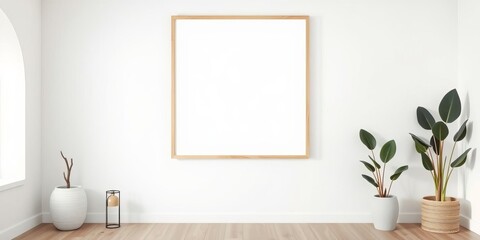 Minimalist wooden poster frame on cream wall in Mediterranean villa apartment, chic, villa