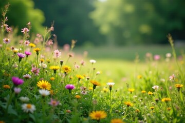 Overgrown meadow with wildflowers and grasses, flora, bushes