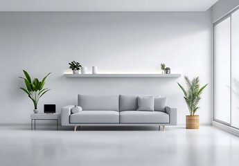 Modern Minimalist Living Room: A serene and stylish living room boasts a light grey sofa, complemented by potted plants and a minimalist shelf against a bright wall.