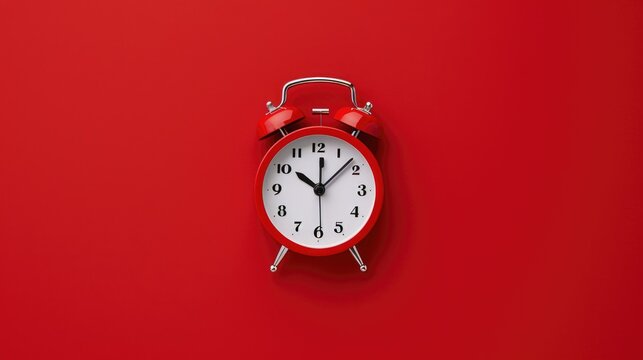 Classic red alarm clock against a vibrant red background