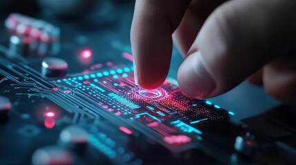 Detailed view of a scientist using a microfluidic chip to study new drug interactions in a hightech lab