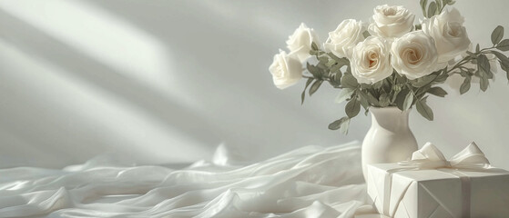 White tablecloth, roses in vase, gift box with ribbons-4
