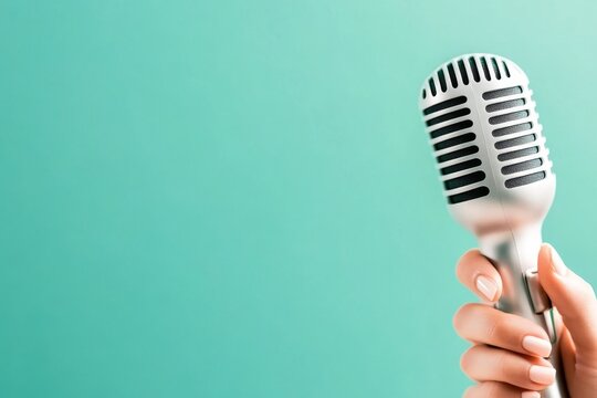 A highly detailed close-up of a speaker hand holding a microphone while giving a talk