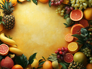 A vibrant array of juicy tropical fruit sprawls on the yellow background, Tropical freshness and color. Generative Ai