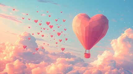 Fototapeta premium Romantic Heart Shaped Hot Air Balloon Soaring Through Pastel Cloudscape with Falling Hearts