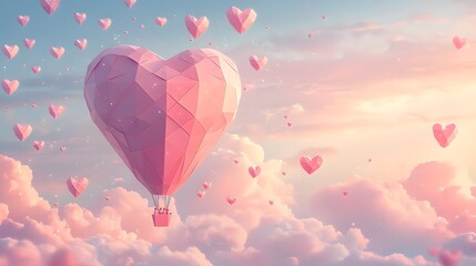 Fototapeta premium Romantic Pink Heart Shaped Hot Air Balloon Soaring Through Pastel Sky with Little Hearts