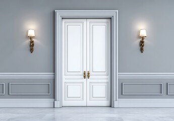 Elegant Double Doors: A pair of classic white double doors with ornate gold accents set against a backdrop of gray walls and elegant molding, evoking a sense of sophistication and grandeur. 