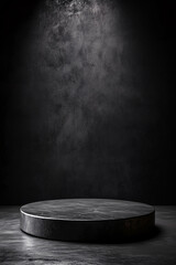 dark graphite podium on black background for product presentation, mock up stand for showcasing product.