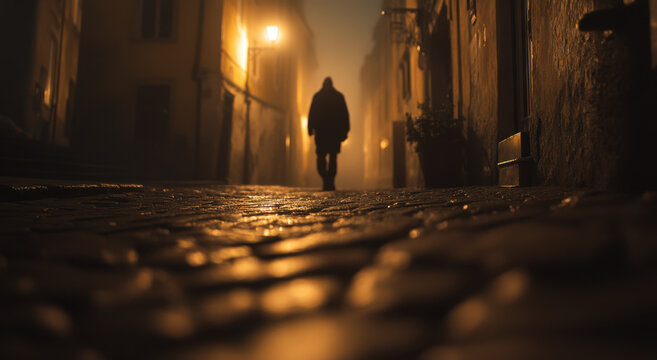A man is seen walking away along a narrow, dimly lit cobblestone street at night. Fog creates a mysterious atmosphere as streetlights glow softly - Powered by Adobe