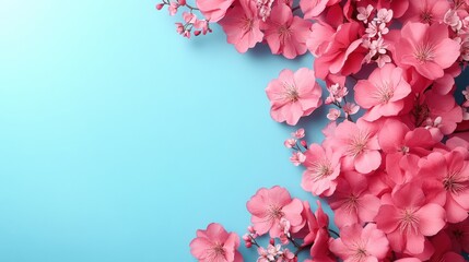 Fototapeta premium Pink cherry blossom flowers on blue background with copy space for text and design elements